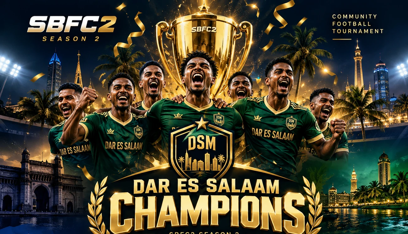 Illustrated SBFC2 trophy celebration artwork: Dar es Salaam champions